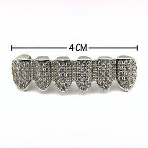 Custom Fit Silver Plated CZ Micro Pave Exclusive Top&Bottom Gold Grillz Set with Fangz